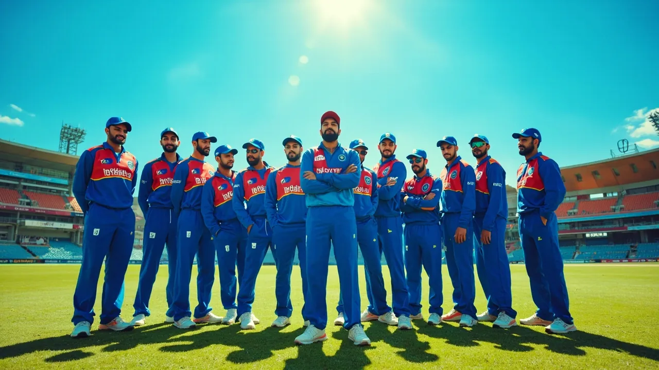 Balanced blue and red T20 cricket squad training on a sunny ground