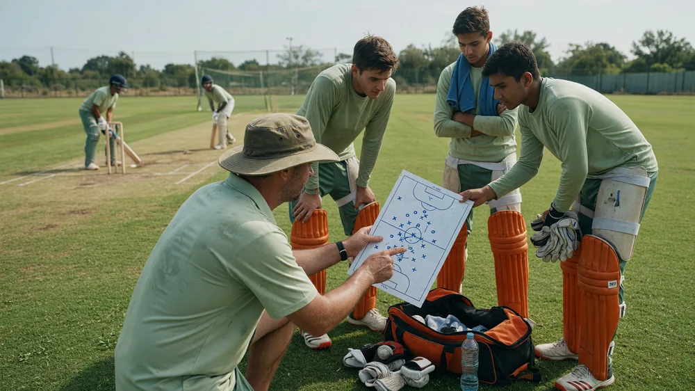 Coach in a sun hat pointing at a field-placement diagram while three players in green tops and orange pads listen on the grass