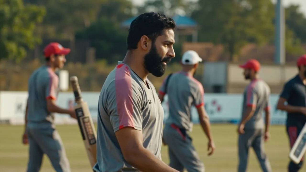 Medium tactical editorial frame showing a captain and coach discussing field placement with players in coloured bibs on a cricket practice ground
