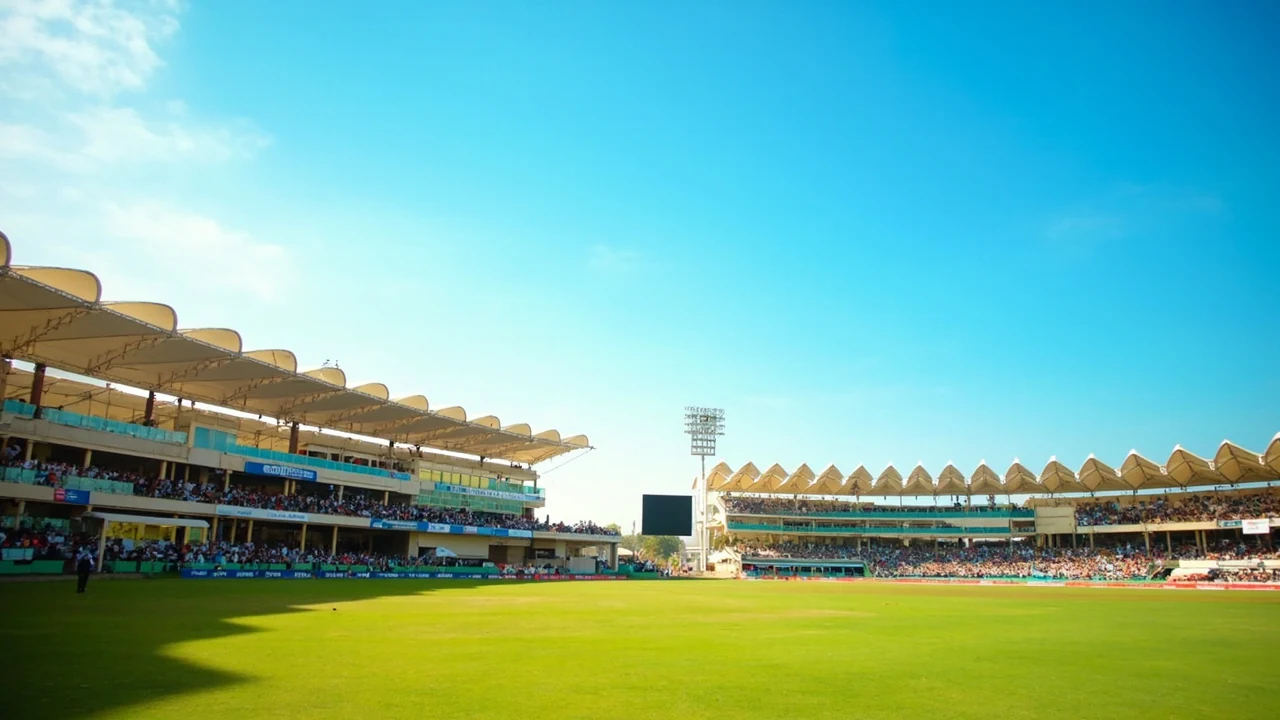 Bright daytime view of a large Ahmedabad cricket venue for a World Cup schedule guide