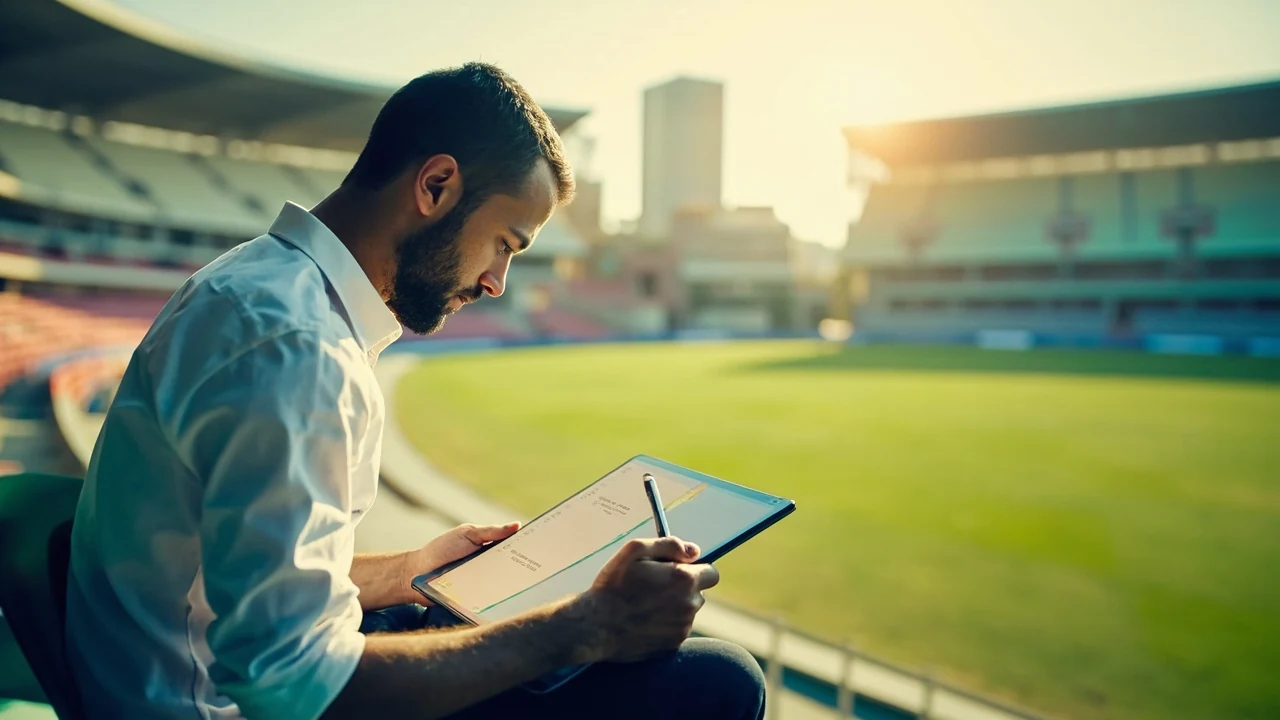 Fantasy cricket analyst reviewing match schedule and venue notes beside a bright cricket field