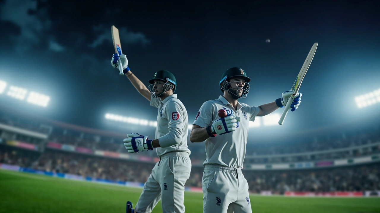 Cricket batsmen celebrating a boundary in an IPL 2026 night match