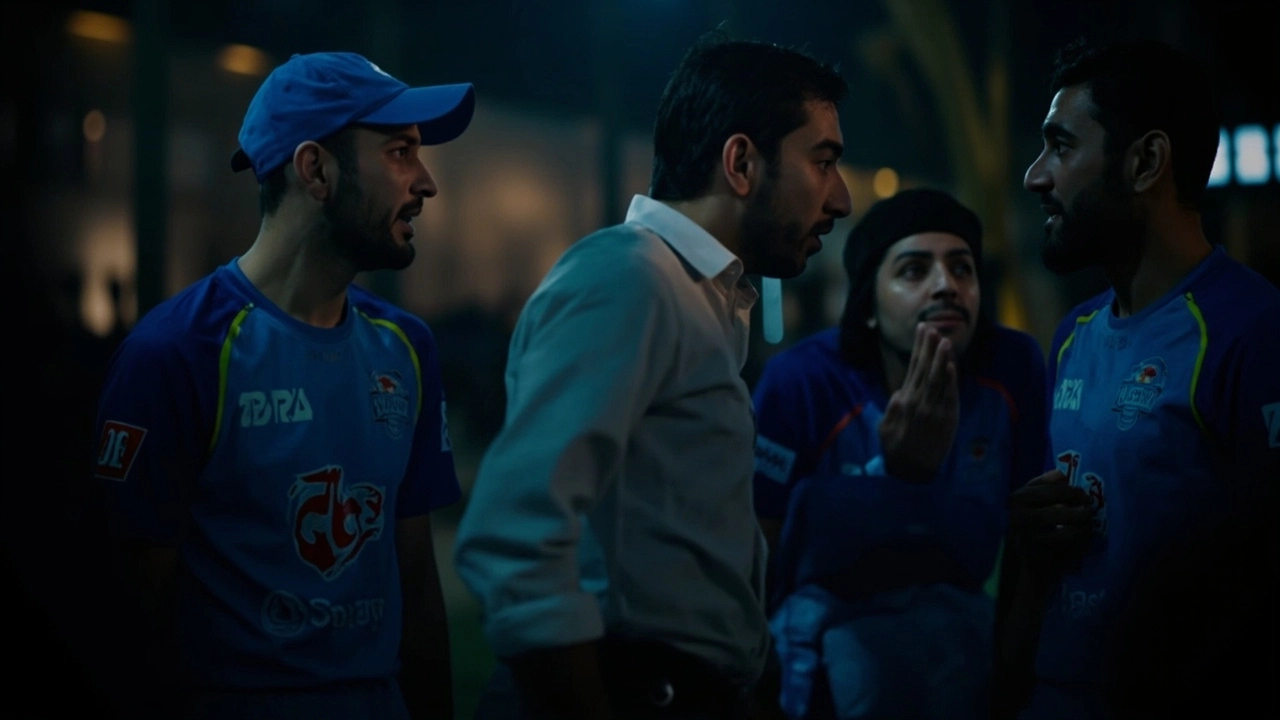 Cricket team dugout discussing batting order strategy