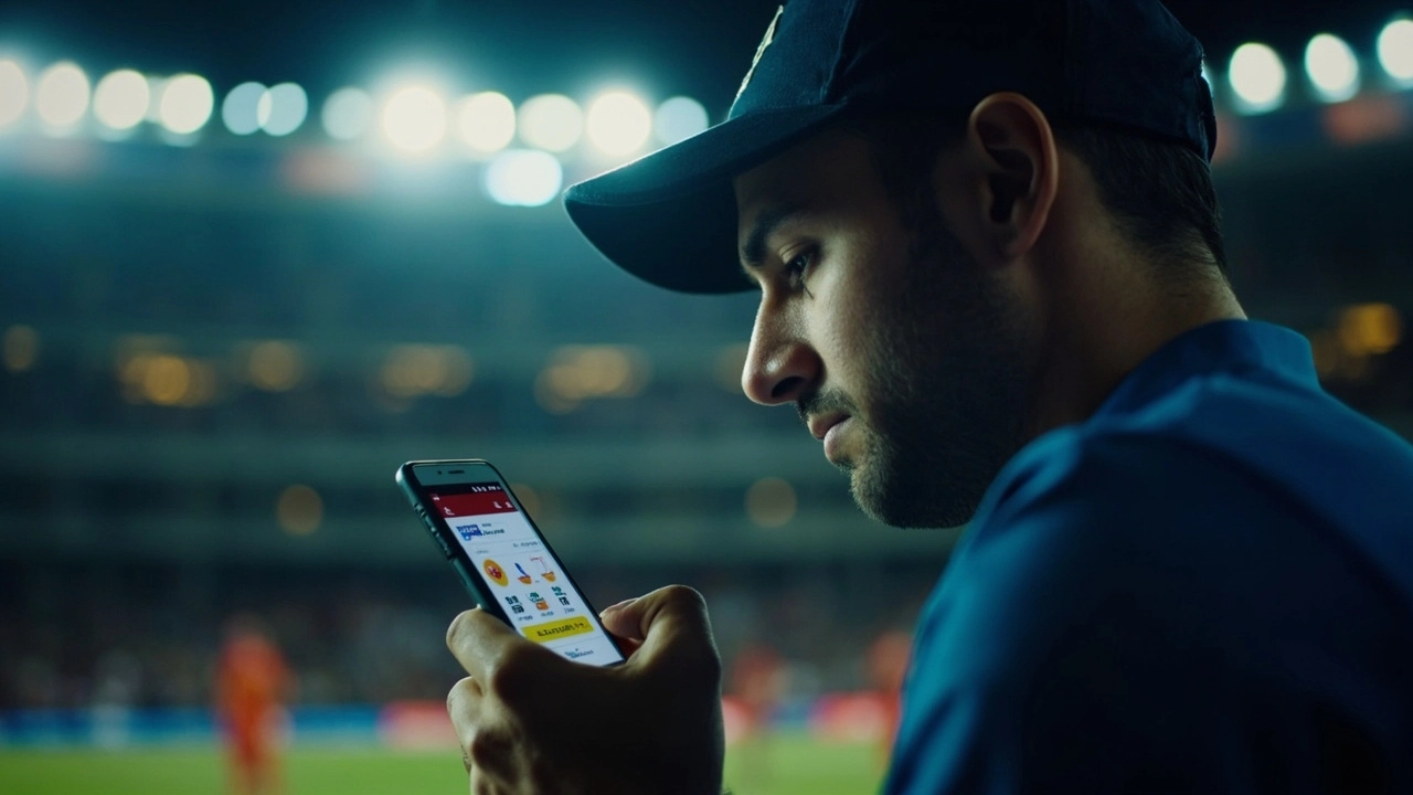 A fantasy cricket manager reviewing player stats on a smartphone at a stadium