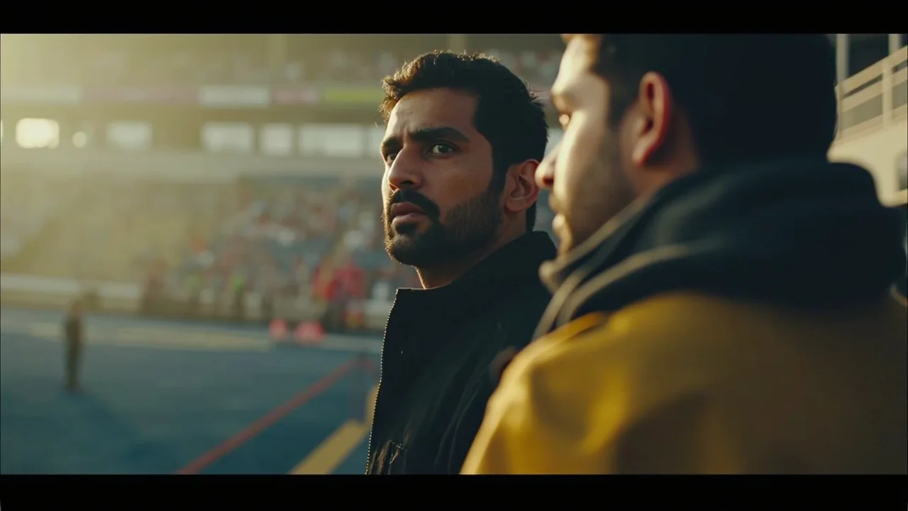 Wide editorial overview of an Indian cricket stadium at twilight with a young batter walking out to the middle and a senior pro watching from the dug-out, used as the homepage hero for the Rahane caution to Sooryavanshi IPL-vs-international feature