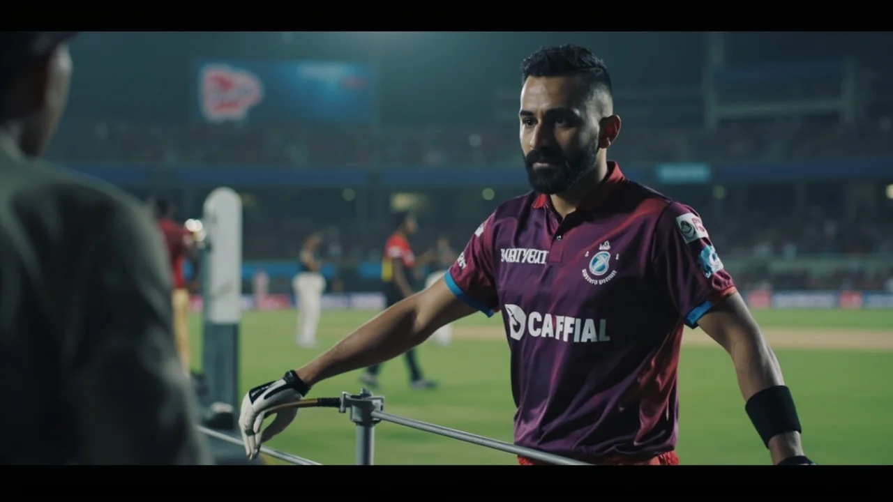 Medium tactical frame of an India T20I chase meeting on the dressing-room balcony with the captain, the coach and the young batter looking at a tablet, used as the late-analysis visual for the Sooryavanshi reset feature
