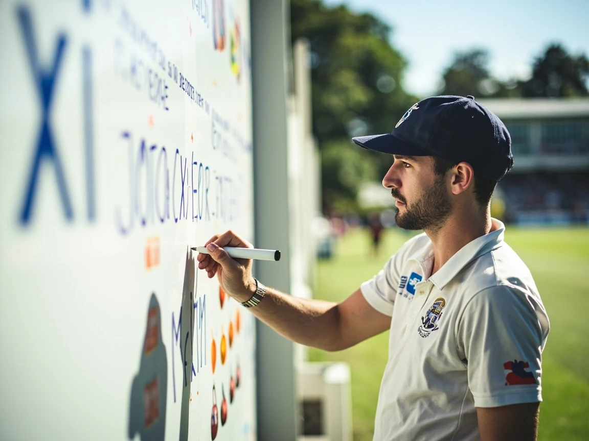 A captain writing XI on a whiteboard with credit cards and player names