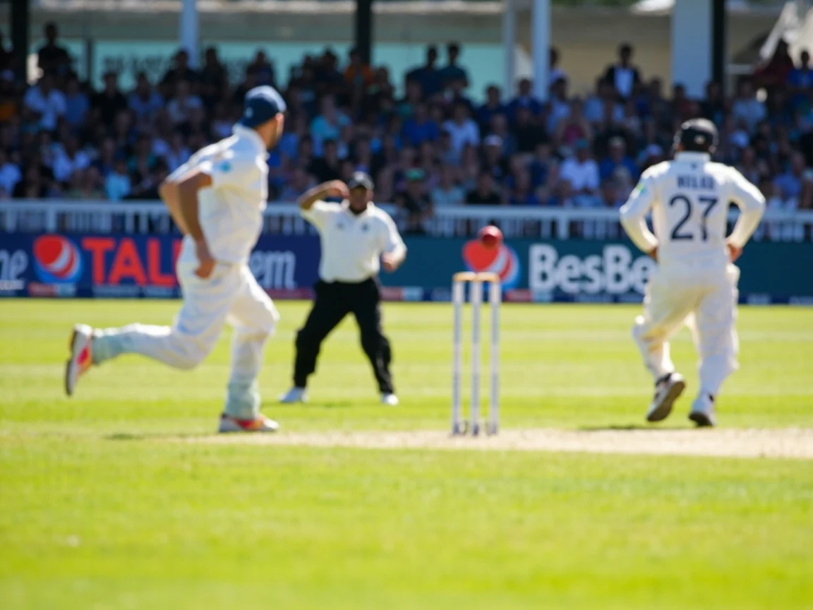 Cricket bowler running in to bowl at a sunny stadium with packed stands